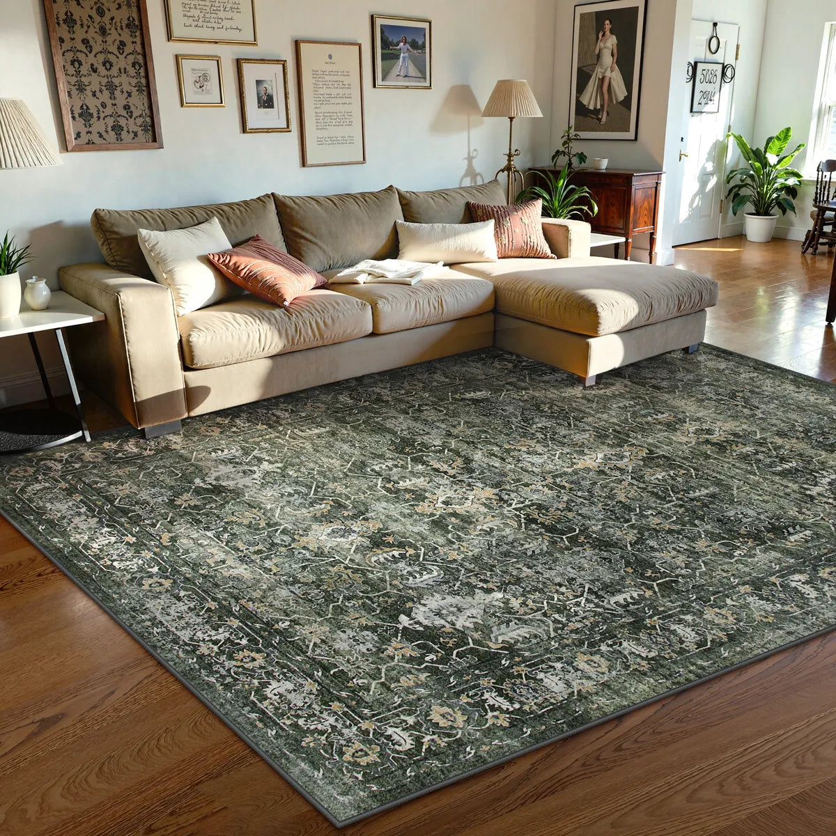 Margot Washable Vintage Distressed Dark Green Rug