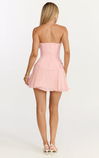 Penny Mini Dress - Strapless Corset Bodice Floral Embellished Godet Dress in Soft Pink