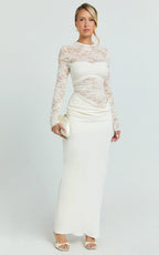 Crisanta Maxi Dress - Long Sleeve Contrast Lace Bodycon Dress in Ivory