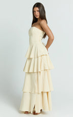 Suzy Midi Dress - Tiered Ruffle Lace Up Dress in Lemon