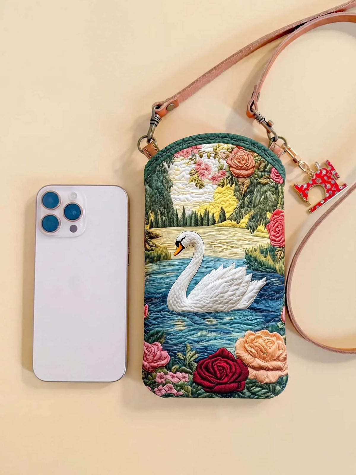 White Swan Quilted Slim Phone Crossbody Bag