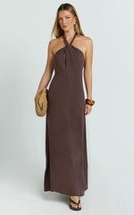 Hilda Maxi Dress - Knot Detail Halter Neck Maxi Dress in Chocolate