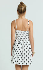 Sia Mini Dress - Sleeveless Straight Neck A Line Dress in White with Black spot