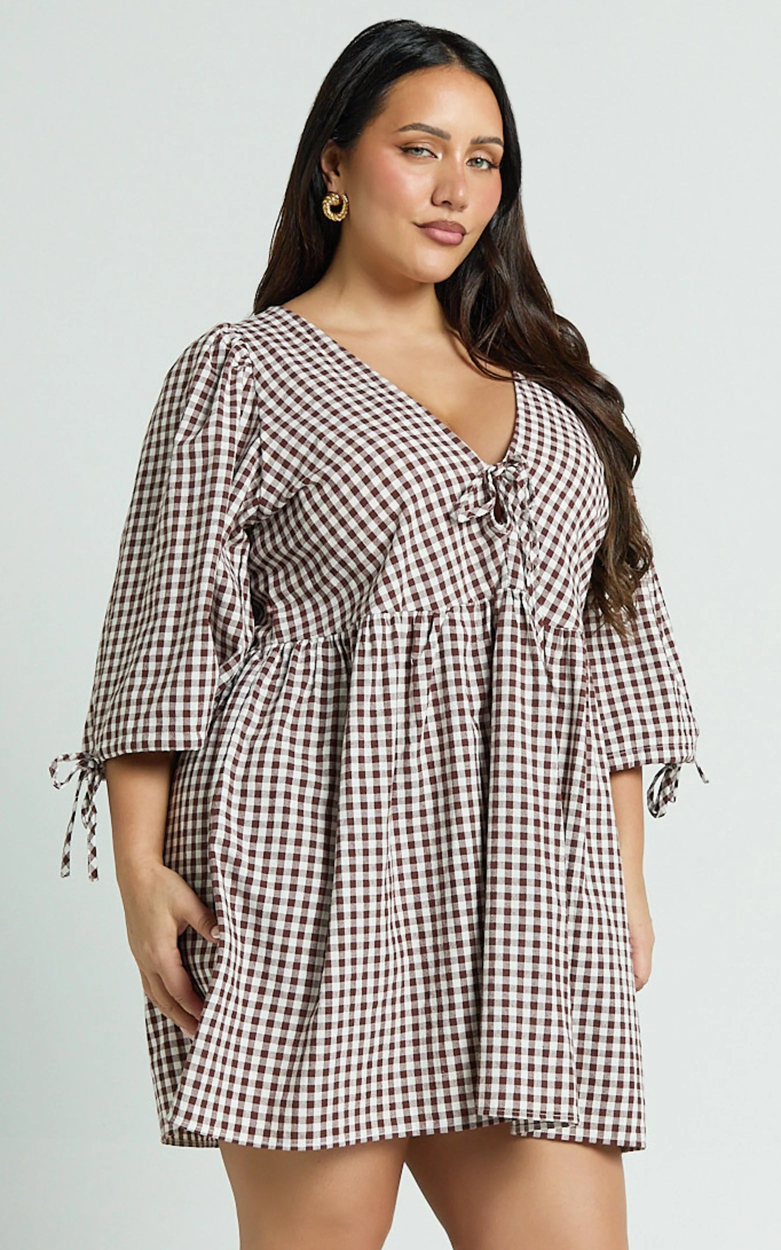 Rosita Mini Dress - Tie Front Puff Sleeve Dress in Brown and White Check
