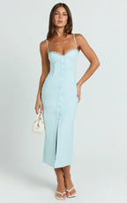 Anessa Midi Dress - Button Front Bustier Fitted Dress in Blue