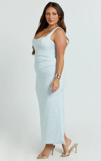 Benita Midi Dress - Scoop Neck Ruched Fitted Dress in Blue