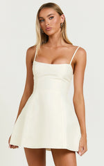 Carolina Mini Dress - Scoop Neck Panel Bodice Dress in Off White