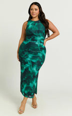 Loralie Midi Dress - Mesh High Neck Bodycon Dress in Green Floral Print