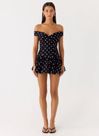 Endless Romance Off Shoulder Mini Dress - Black Polkadot