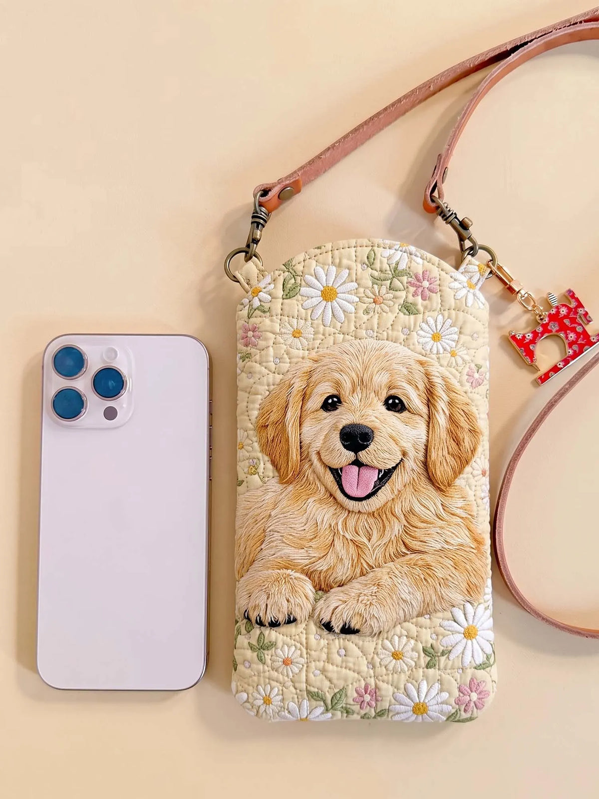 Flowers And A Golden Retriever Quilted Slim Phone Crossbody Bag