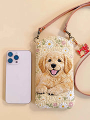 Flowers And A Golden Retriever Quilted Slim Phone Crossbody Bag