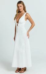 Silvena Midi Dress - Plunge Neckline Tie Front A Line Dress in White