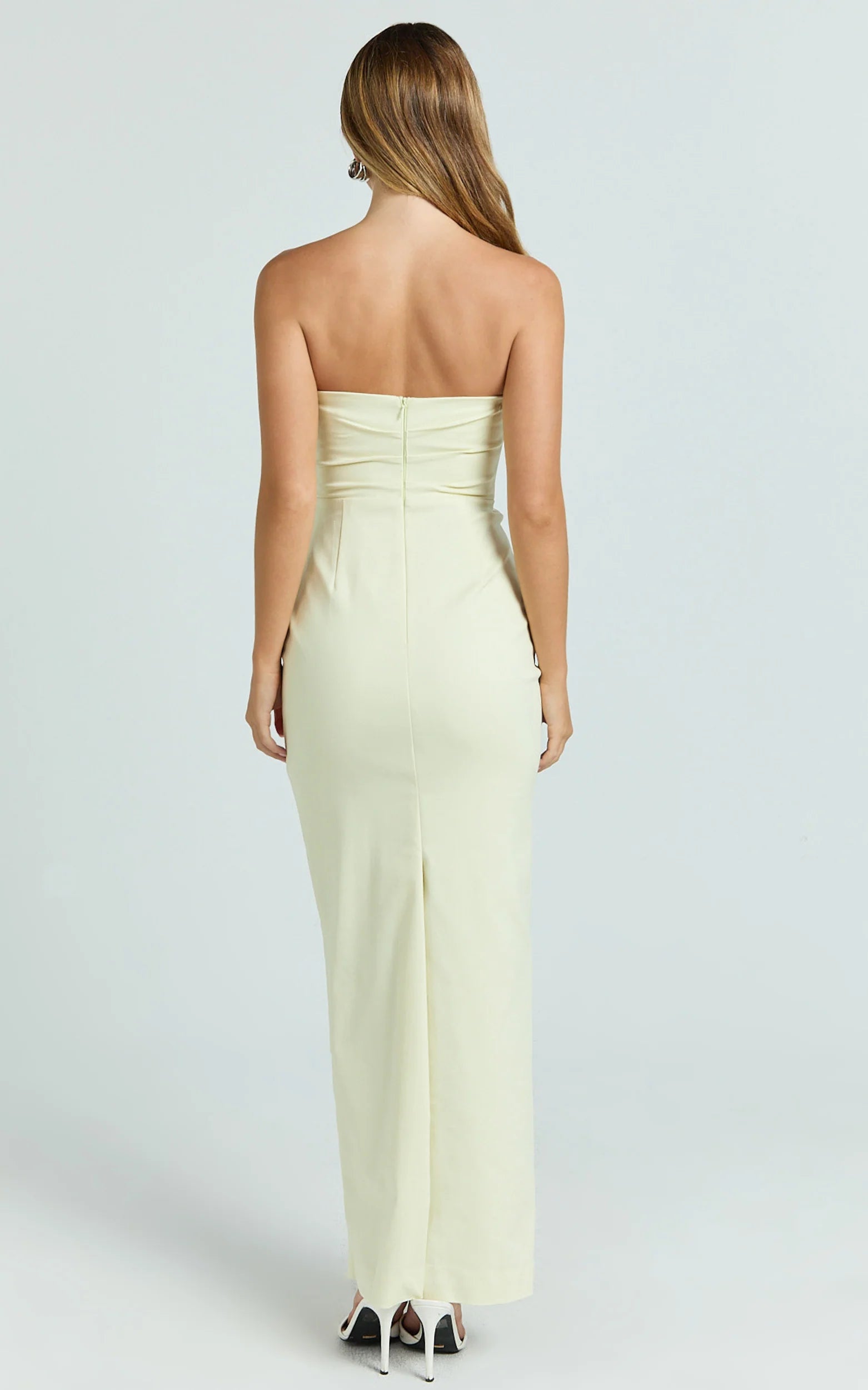 Jamie Midi Dress - Strapless Ruched Fitted Column Dress in Lemon