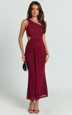 Mandy Midi Dress - Knot Detail Cut Out Mesh Dress in Wine