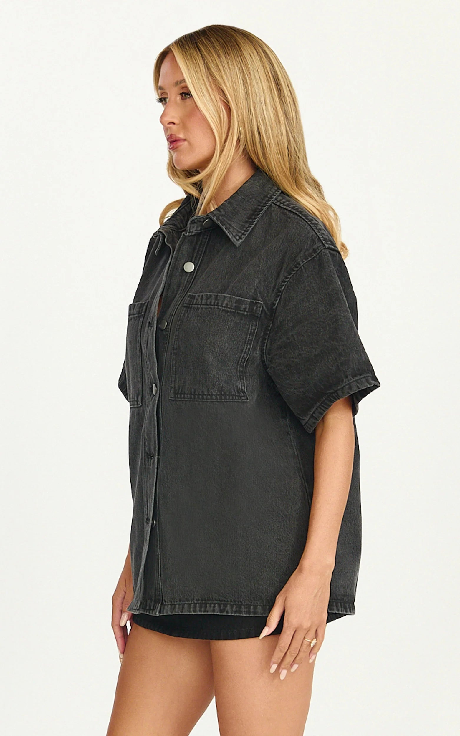 Iris Top - Oversized Recycled Denim Hardware Detail Short Sleeve Shirt in Black