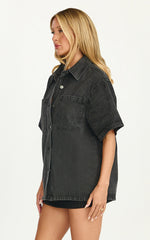 Iris Top - Oversized Recycled Denim Hardware Detail Short Sleeve Shirt in Black