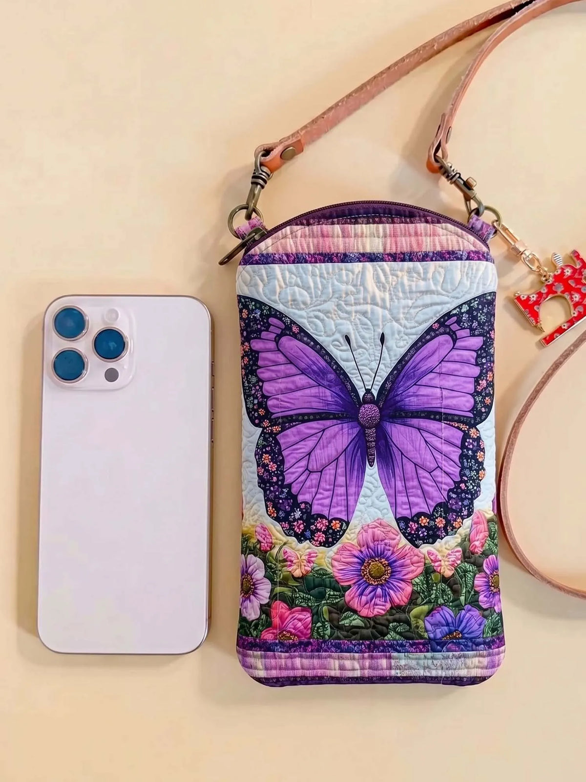Purple Butterfly Garden Floral Quilted Slim Phone Crossbody Bag
