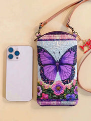 Purple Butterfly Garden Floral Quilted Slim Phone Crossbody Bag