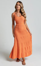 Saoirse Midi Dress - Square Neck Strappy Knit Dress in Mango