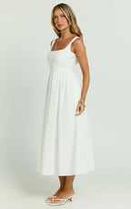 Khari Midi Dress - Linen Look Square A Line Dress in White