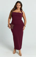 Salome Midi Dress - Halter Neck Column Dress in Wine