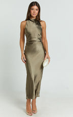 Aluna Midi Dress - High Neck Cross Back Satin Slip Dress in Olive