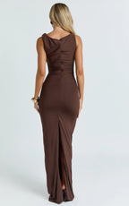 Ginny Maxi Dress - Jersey Ruched V Waist Dress in Chocolate
