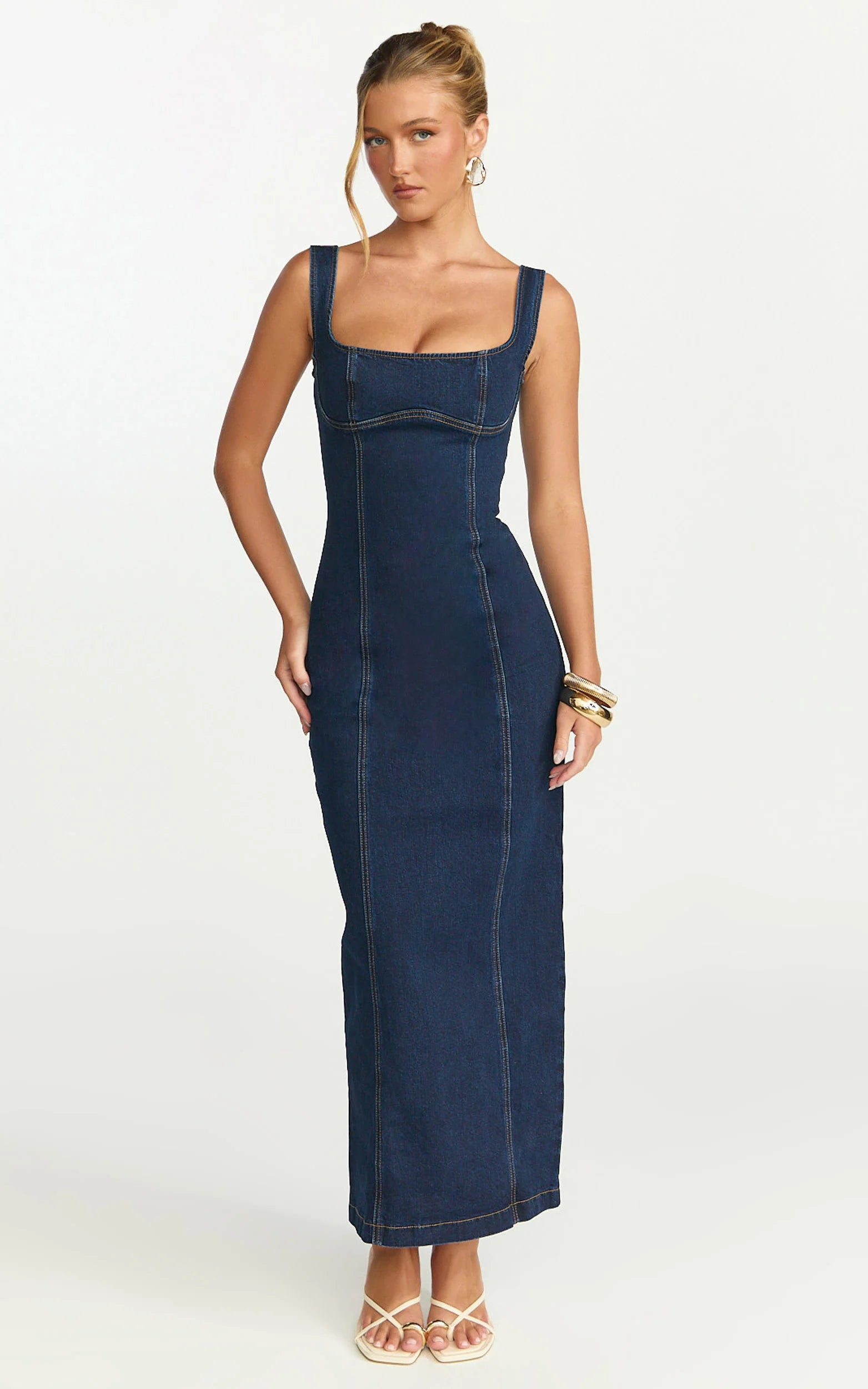 Kristie Maxi Dress - Wide Neck Corset Detail Denim Dress in Dark Blue