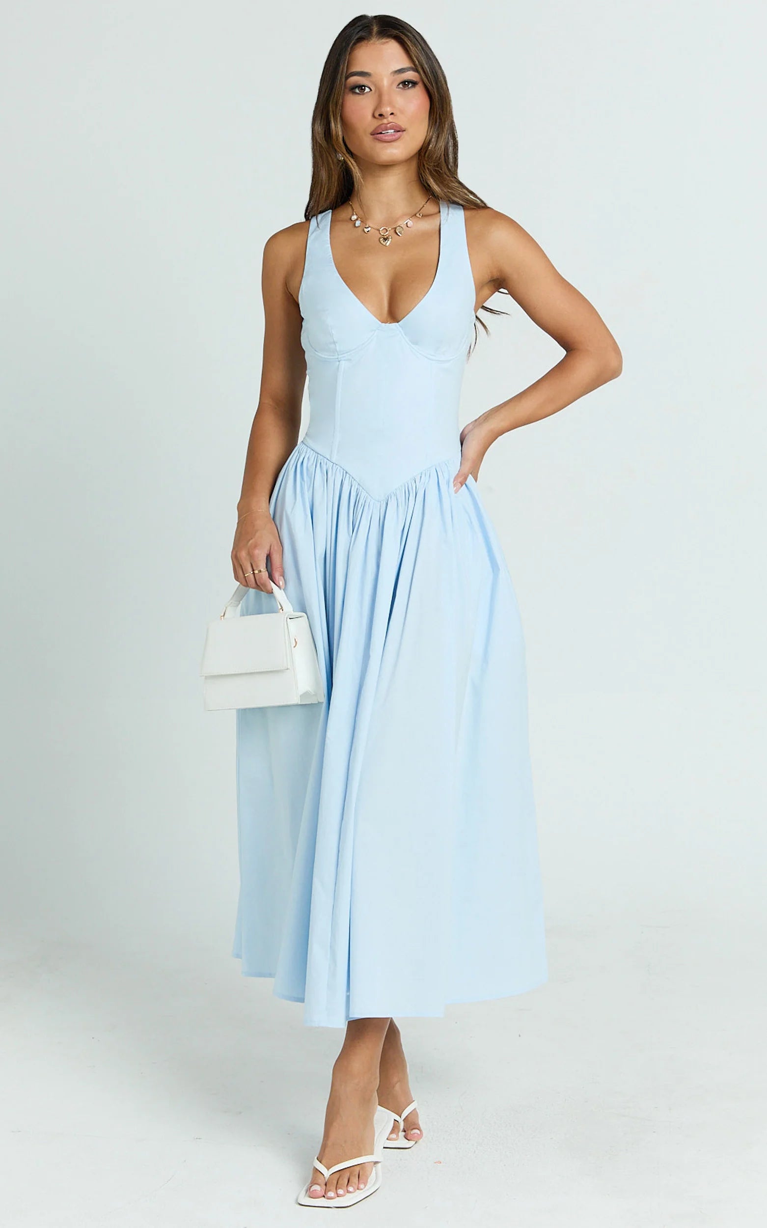 Beckett Midi Dress - Scoop Neck Drop V Waist Gathered Skirt Dress in Blue