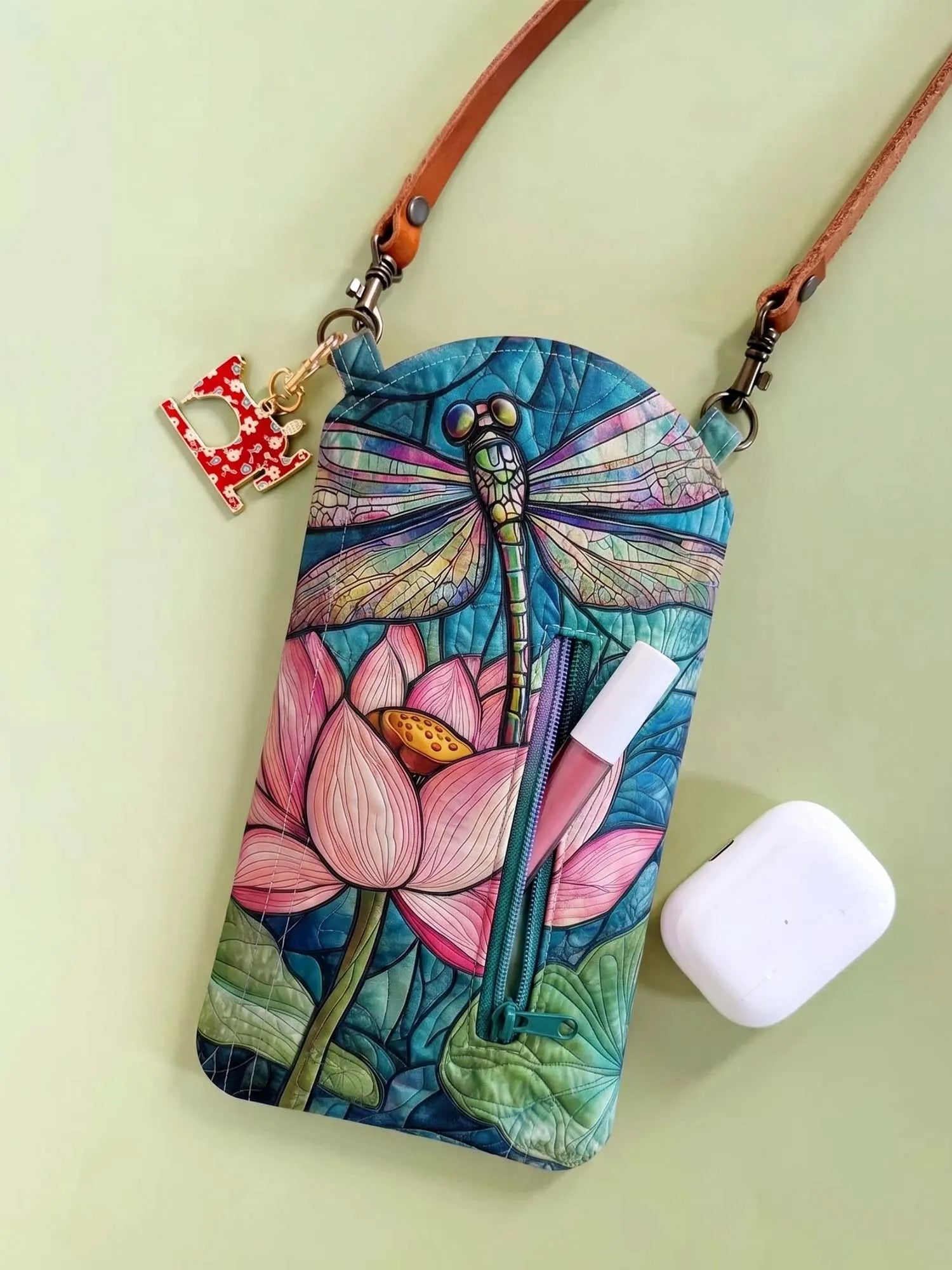 Stained Glass Lotus Dragonfly Quilted Slim Phone Crossbody Bag