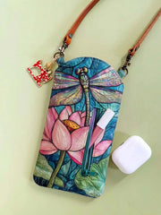 Stained Glass Lotus Dragonfly Quilted Slim Phone Crossbody Bag
