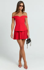 Izara Mini Dress - Off Shoulder Pleated Dress in Red