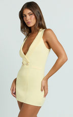 Melanie Mini Dress - Collared Halter Double Breasted Fitted Dress in Lemon