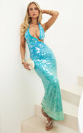 Savanna Maxi Dress - Ombre Sequin Halter Dress in Aqua