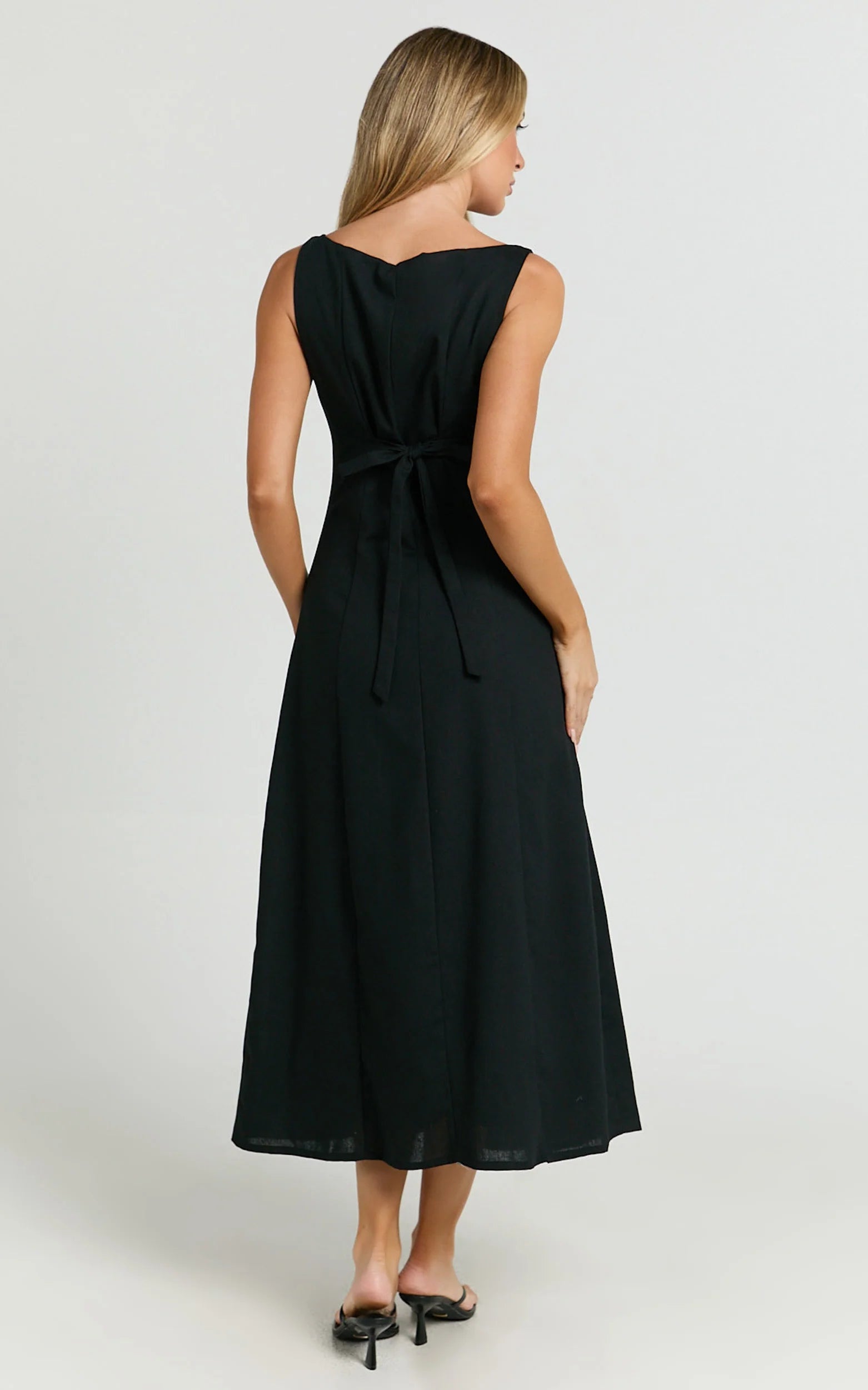Cameron Midi Dress - Button Front Tie Back Dress in Black