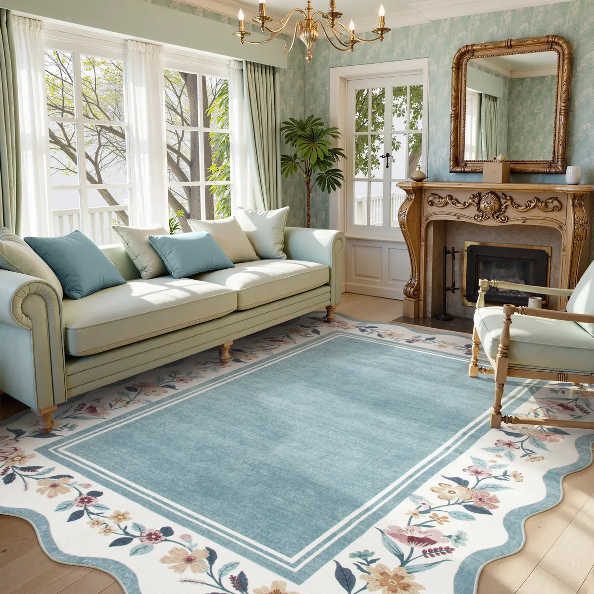 Ariele Washable Vintage Floral Scalloped Dusty Blue Rug
