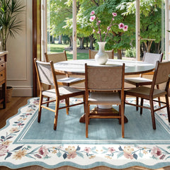Ariele Washable Vintage Floral Scalloped Dusty Blue Rug