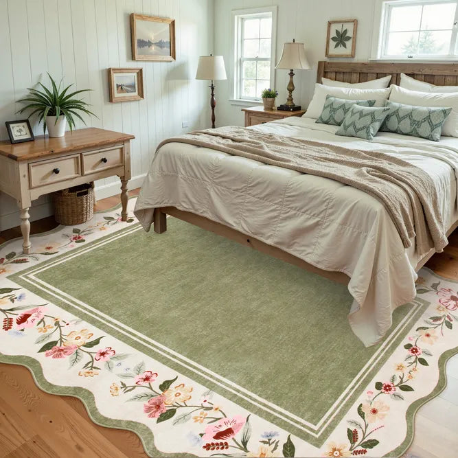 Ariele Washable Vintage Floral Scalloped Sage Green Rug