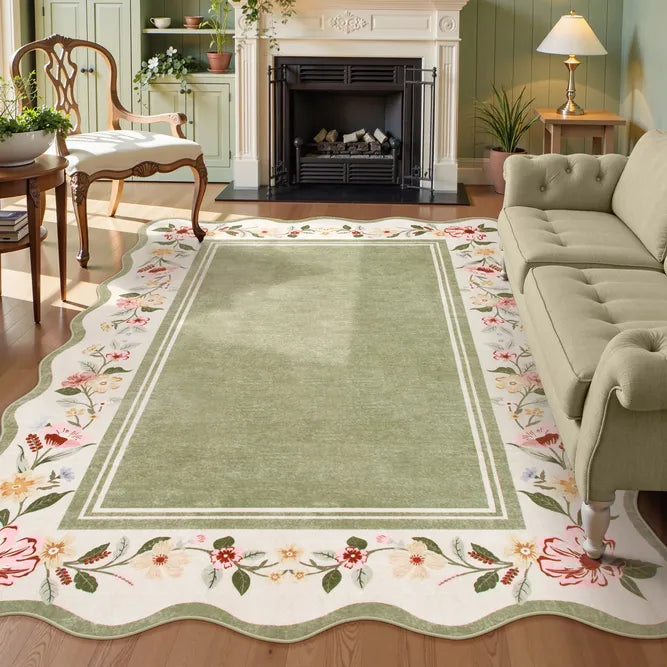 Ariele Washable Vintage Floral Scalloped Sage Green Rug