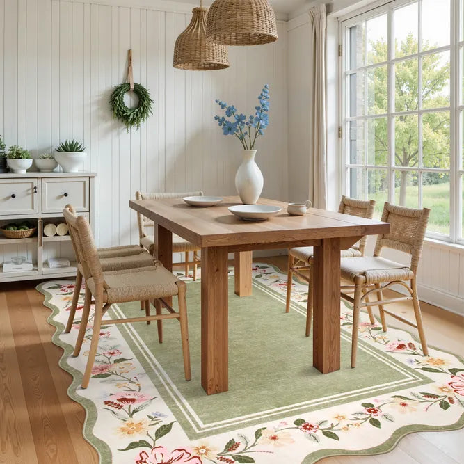 Ariele Washable Vintage Floral Scalloped Sage Green Rug