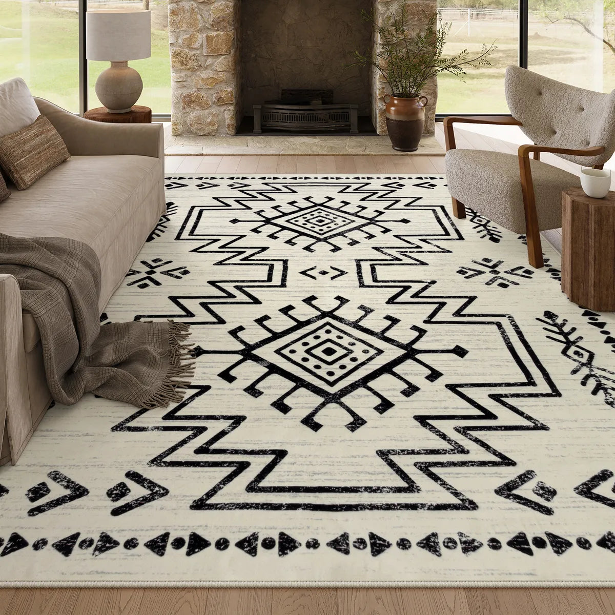Vivienne Washable Aztec Moroccan Distressed Beige Rug