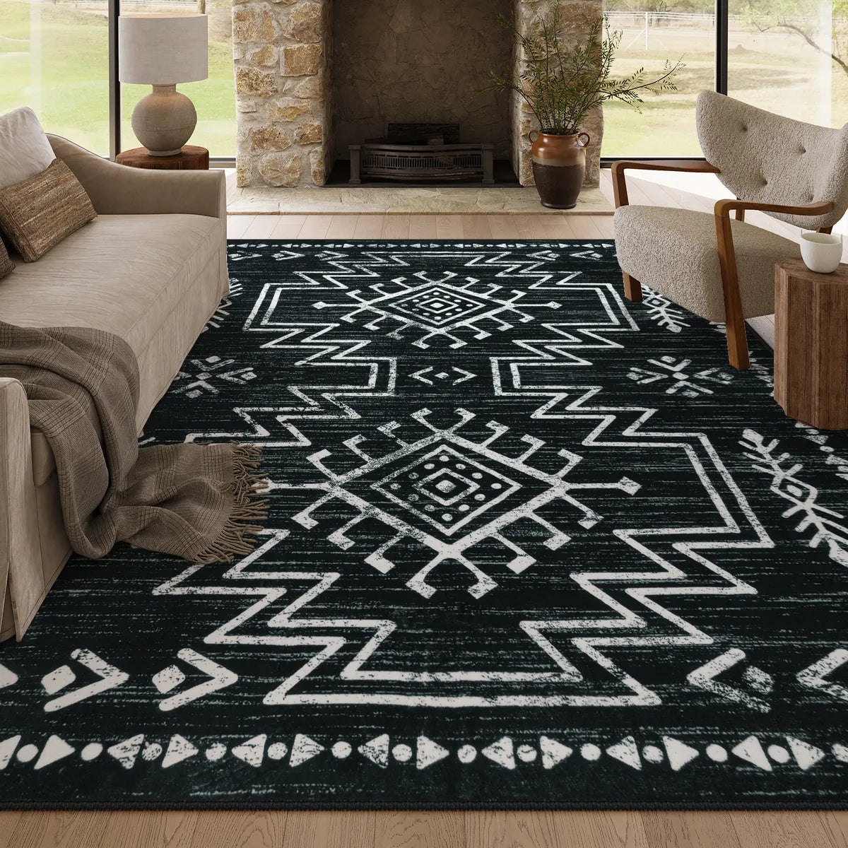 Vivienne Washable Aztec Moroccan Distressed Black Rug