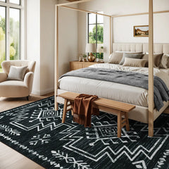 Vivienne Washable Aztec Moroccan Distressed Black Rug