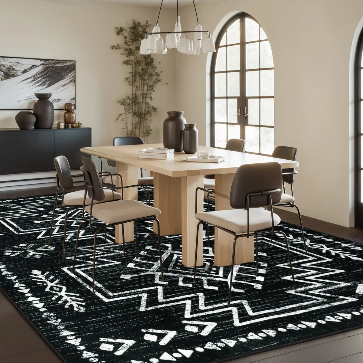 Vivienne Washable Aztec Moroccan Distressed Black Rug