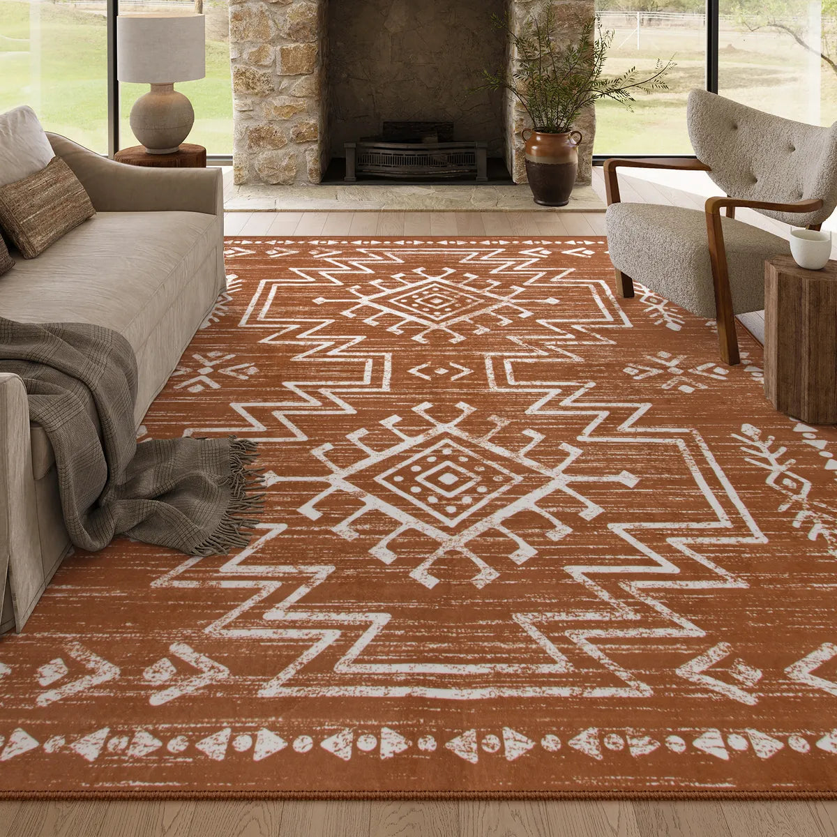 Vivienne Washable Aztec Moroccan Distressed Orange Rug