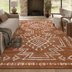Vivienne Washable Aztec Moroccan Distressed Orange Rug