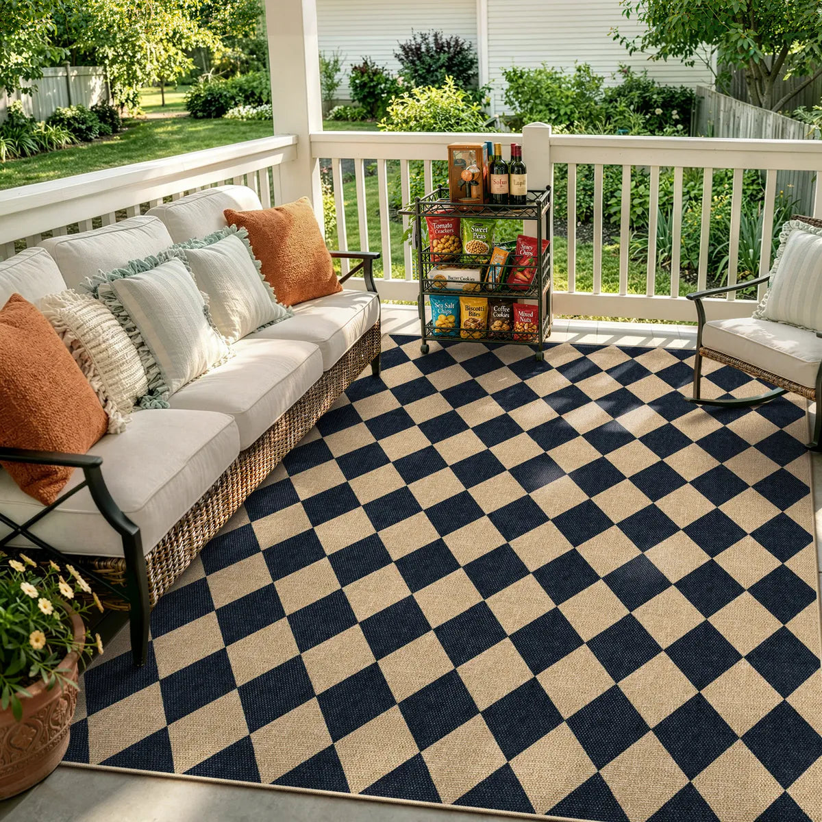 Coline Washable Geometric Checkered Easy Jute Black Indoor/Outdoor Runner Rug