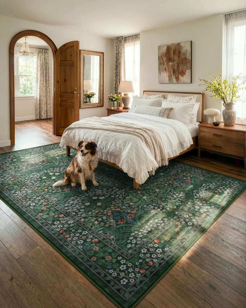 Giverny Washable Maximalism Vintage French Floral Dark Green Rug