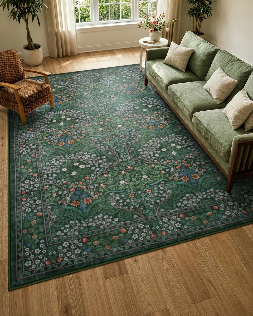 Giverny Washable Maximalism Vintage French Floral Dark Green Rug