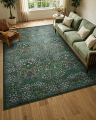 Giverny Washable Maximalism Vintage French Floral Dark Green Rug